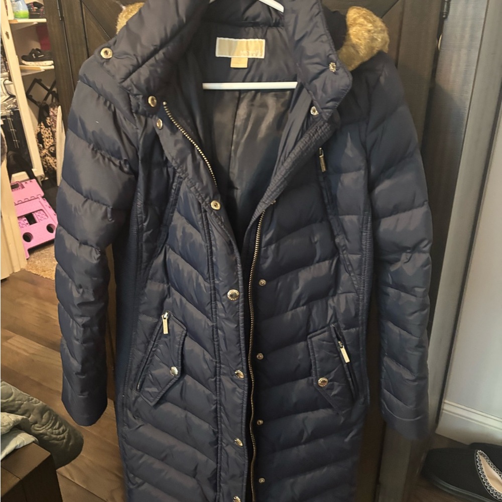 Michael Kors Women's Navy Quilted Coat with Faux Fur Hood